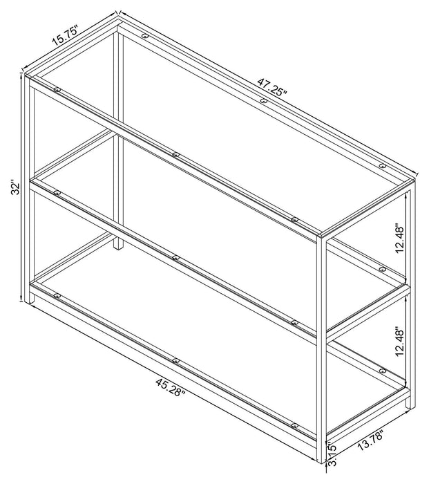 Black nickel CoasterEssence Trini 2-shelf glass top entryway console table showing sleek design and modern style.