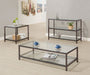 CoasterEssence Trini black nickel 2-shelf glass top entryway console table showing sleek design and modern style.