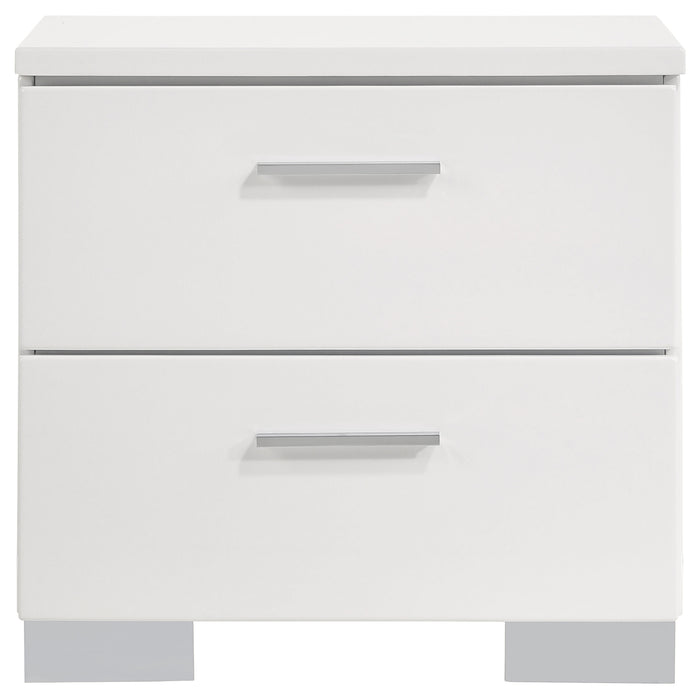 Felicity 4-piece Queen bedroom set by CoasterEssence featuring white high gloss finish, includes bed frame, nightstands, and dresser.