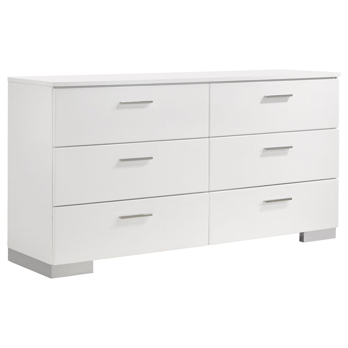 White high gloss Felicity 4-piece queen bedroom set by CoasterEssence, including bed frame, nightstands, and dresser.