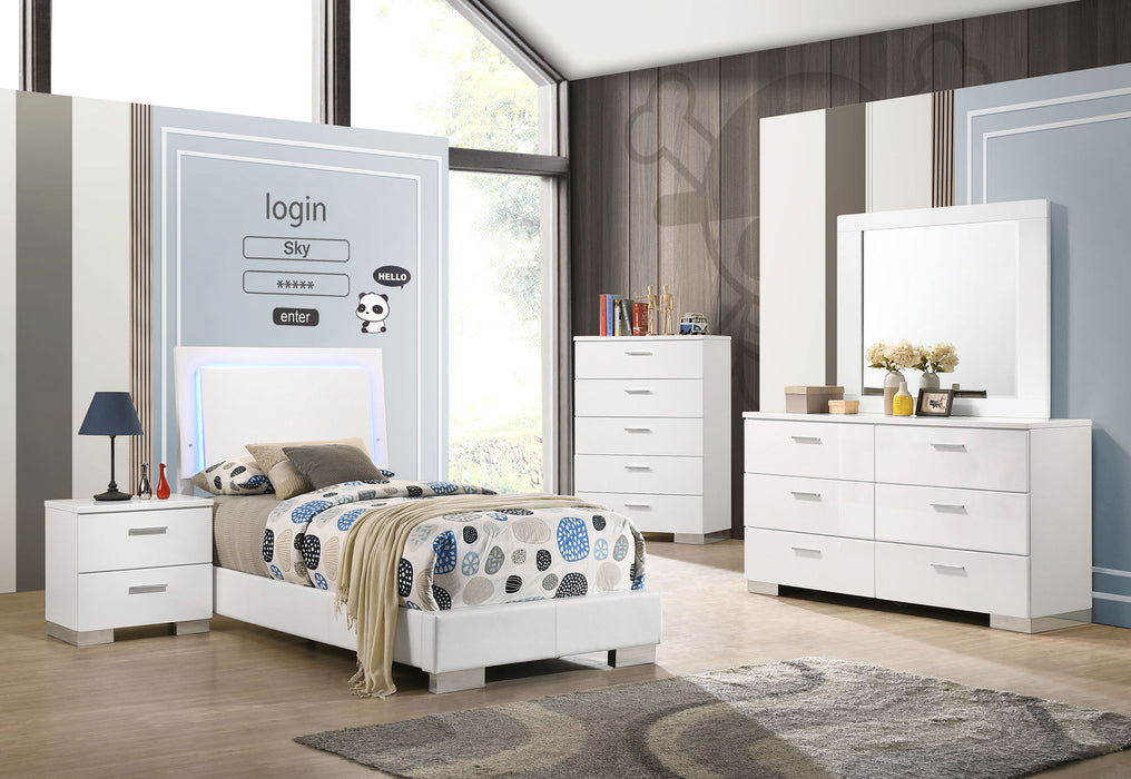 White high gloss Felicity 4-piece twin bedroom furniture set by CoasterEssence, featuring a bed, nightstands, and dresser.