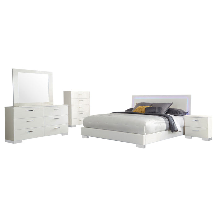 White gloss Felicity 5-piece California King bedroom set by CoasterEssence, featuring a bed, nightstands, and dresser.