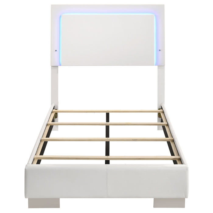White high gloss Felicity Wood twin LED panel bed by CoasterEssence, featuring a modern furniture design with built-in LED lighting.