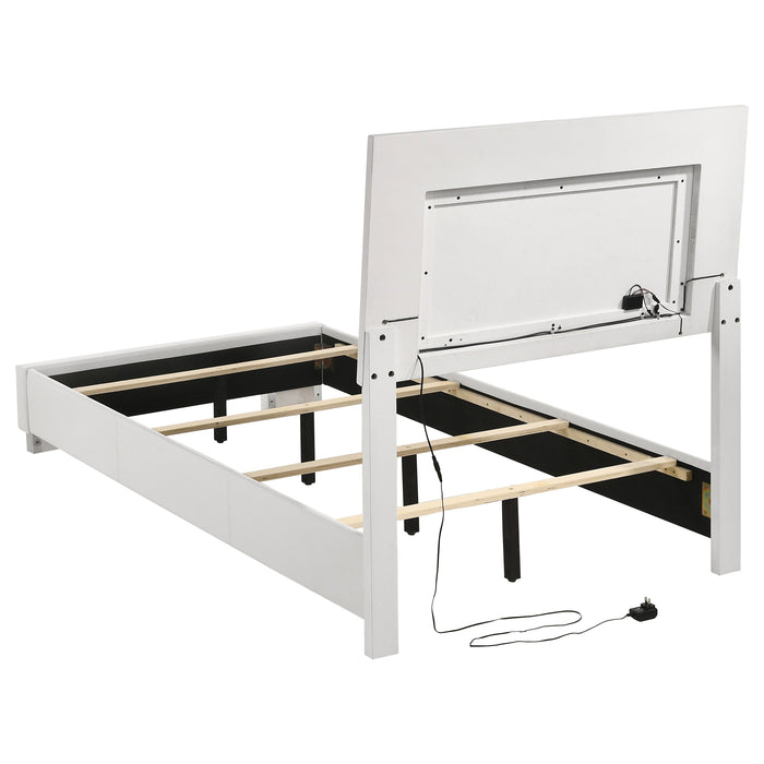 White high gloss Felicity Wood twin LED panel bed by CoasterEssence with sleek modern design and built-in LED lighting.