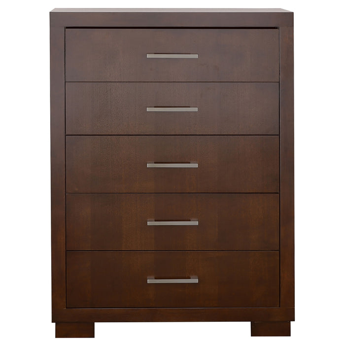 CoasterEssence Jessica 5-piece queen bedroom set with LED lighting in cappuccino finish, includes bed, nightstands, and dresser.