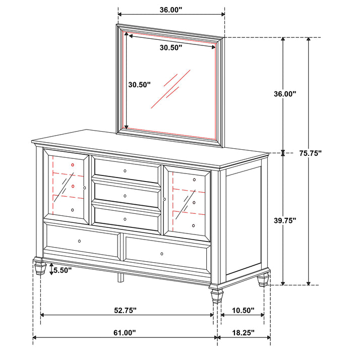 Cream white Sandy Beach 11-drawer dresser with mirror by CoasterEssence, showcasing a modern furniture piece with ample storage and mirror.