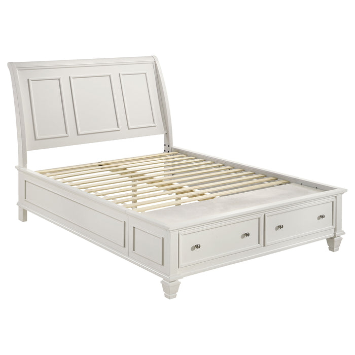 Cream white Sandy Beach Wood Queen Storage Panel Bed by CoasterEssence with a polished wooden finish and built-in storage drawers.
