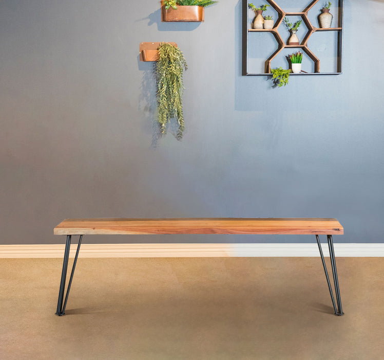Natural acacia wood dining bench by CoasterEssence with a smooth, polished finish and sturdy construction for kitchen or dining room.
