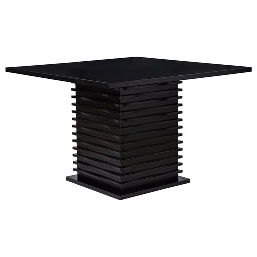 Black Stanton Square 54-inch counter height dining table from CoasterEssence, with a sleek wood finish and sturdy legs.