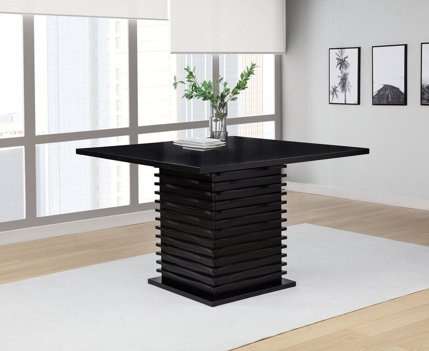 Black CoasterEssence Stanton Square 54-inch counter height dining table with a sleek modern design and sturdy wooden legs.