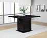Black CoasterEssence Stanton Square 54-inch counter height dining table with a sleek modern design and sturdy wooden legs.