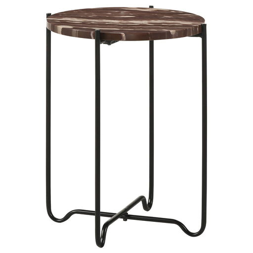 CoasterEssence Latifa round marble top accent side table with red and black finish, showcasing a stylish furniture piece with a smooth marble surface.