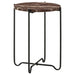 CoasterEssence Latifa round marble top accent side table with red and black finish, showcasing a stylish furniture piece with a smooth marble surface.