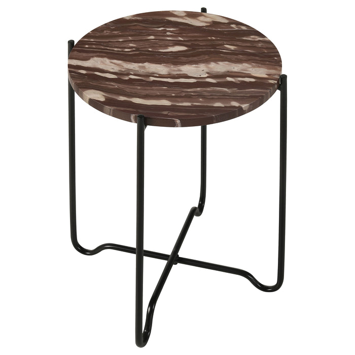 CoasterEssence Latifa round marble top accent side table with red and black finish, featuring a sleek modern furniture design.