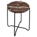 CoasterEssence Latifa round marble top accent side table with red and black finish, featuring a sleek modern furniture design.