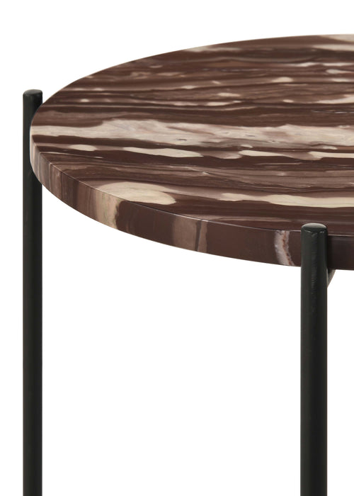 Round marble top accent side table with red and black finish, crafted by CoasterEssence, featuring a stylish and modern furniture design.