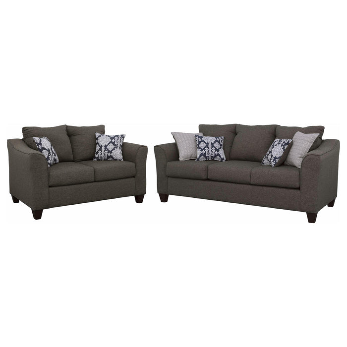 Grey Salizar 2-piece upholstered flared arm sofa set by CoasterEssence, showcasing plush cushions and stylish flared arms.