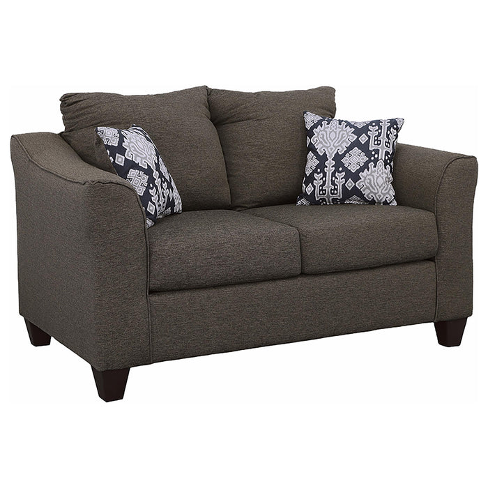 CoasterEssence Salizar 2-piece grey upholstered flared arm sofa set with plush cushions and modern design.