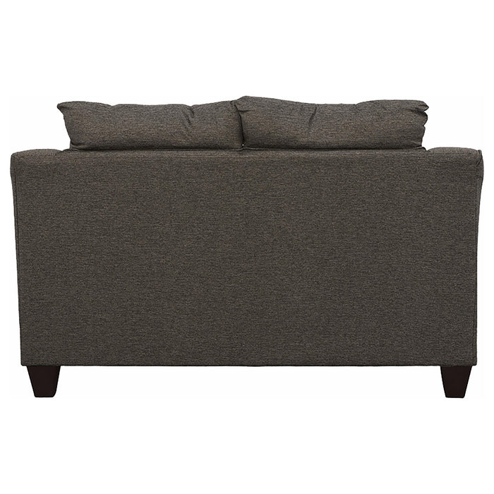 CoasterEssence Salizar 2-piece grey upholstered flared arm sofa set with plush cushions and modern design.