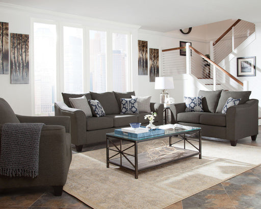 CoasterEssence Salizar 3-piece grey upholstered flared arm sofa set with plush cushions and modern design.