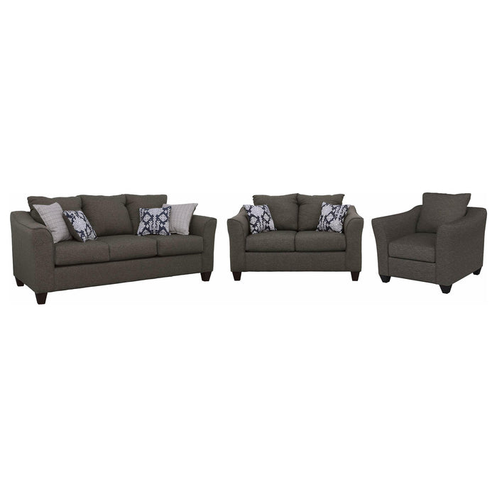 Grey Salizar 3-piece upholstered flared arm sofa set by CoasterEssence, showing plush cushions and modern design in a living room setting.