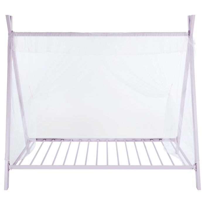 Pink Fultonville metal twin tent bed with 7-inch mattress, featuring a sturdy frame and playful tent design for kids' bedroom furniture.