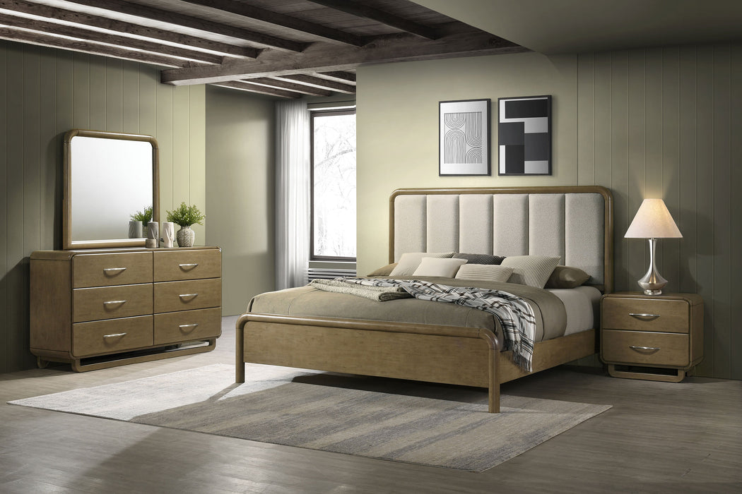 Amsbury 4-piece California King bedroom furniture set by CoasterEveryday in nutmeg finish, including bed frame, dresser, and nightstands.