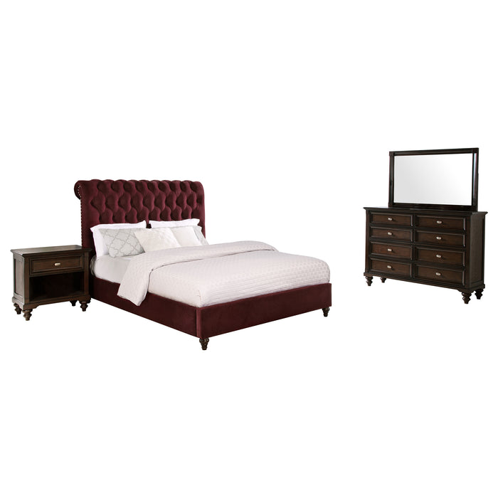 Eastern King bedroom furniture set with dark oak finish and wine red accents, includes bed, dresser, nightstands, and mirror.