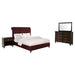 Eastern King bedroom furniture set with dark oak finish and wine red accents, includes bed, dresser, nightstands, and mirror.