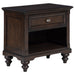 Eastern King bedroom set by CoasterEveryday featuring a wine red fabric bed frame and matching dark oak furniture pieces.