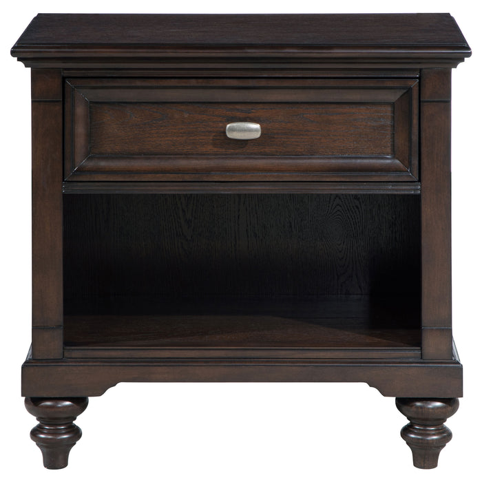 Eastern King bedroom set by CoasterEveryday with wine red and dark oak finish, including bed frame, dresser, and matching furniture.