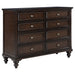CoasterEveryday Devon 5-piece California King bedroom set with red and dark oak finish, includes bed frame, nightstands, and dresser.