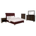 Devon 5-piece bedroom set by CoasterEveryday featuring a wine red fabric bed frame, dark oak finish nightstands and dresser.