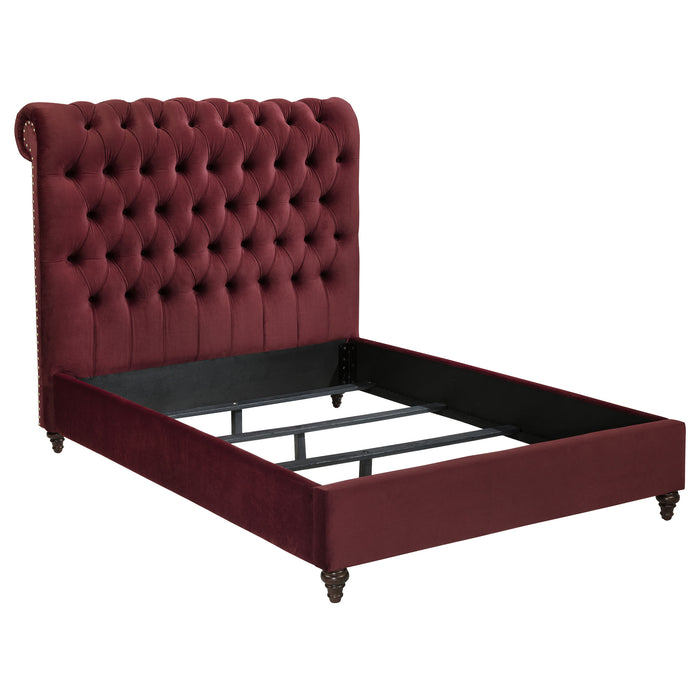 Wine red and dark oak bedroom furniture set by CoasterEveryday, includes a full bedroom set with bed, dresser, and nightstands.