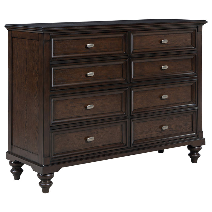 Devon 5-piece Queen bedroom set by CoasterEveryday with wine red and dark oak finish, including bed frame, nightstands, and dresser.