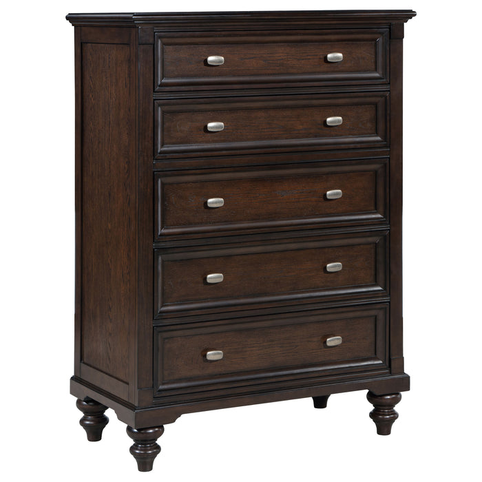 Devon 5-piece Queen bedroom set by CoasterEveryday featuring wine red and dark oak finish, includes bed frame, dresser, and nightstands.