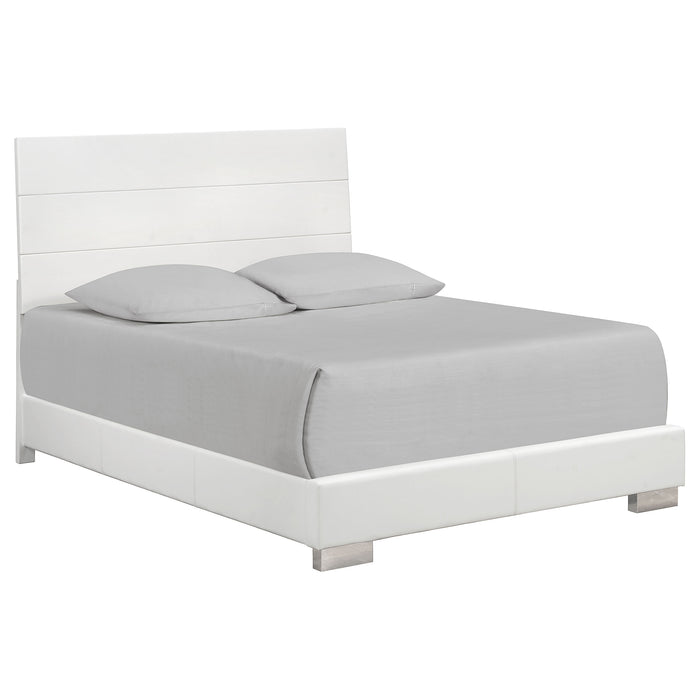 White high gloss Felicity 4-piece queen bedroom furniture set by CoasterEveryday, including bed frame, nightstands, and dresser.