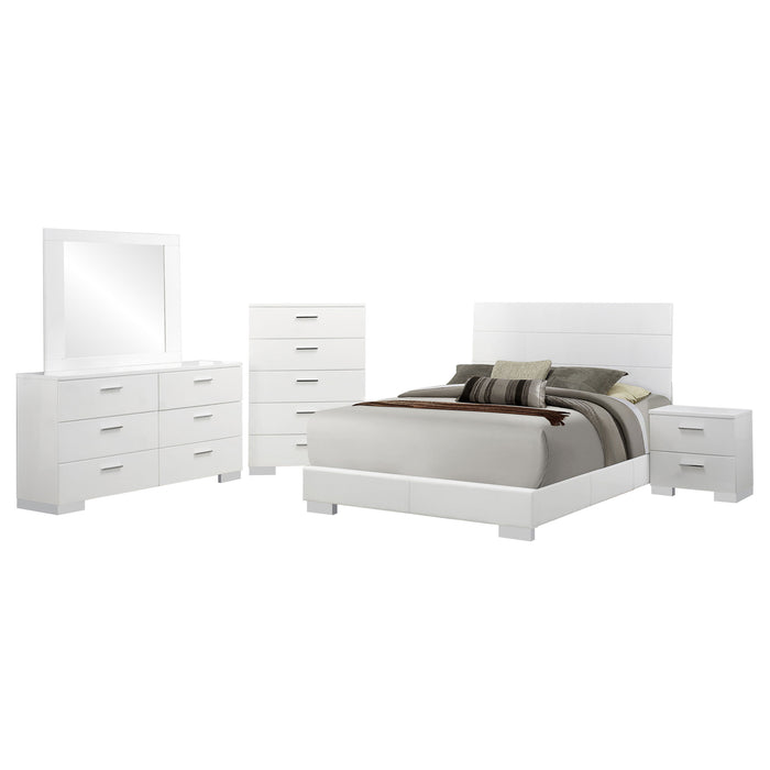 Felicity 5-piece Queen bedroom set by CoasterEveryday with white high gloss finish, includes bed frame, dresser, mirror, and nightstands.
