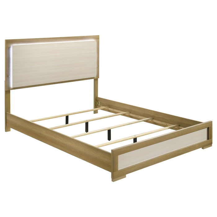 CoasterEveryday Hyland 5-piece queen bedroom furniture set in natural wood finish, including bed frame, nightstands, and dresser.
