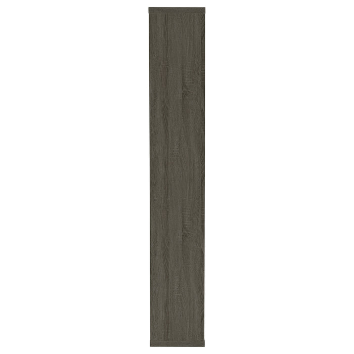 Weathered grey Corey 71-inch 8-shelf bookshelf by CoasterEveryday, showcasing its sturdy wooden construction and spacious storage.
