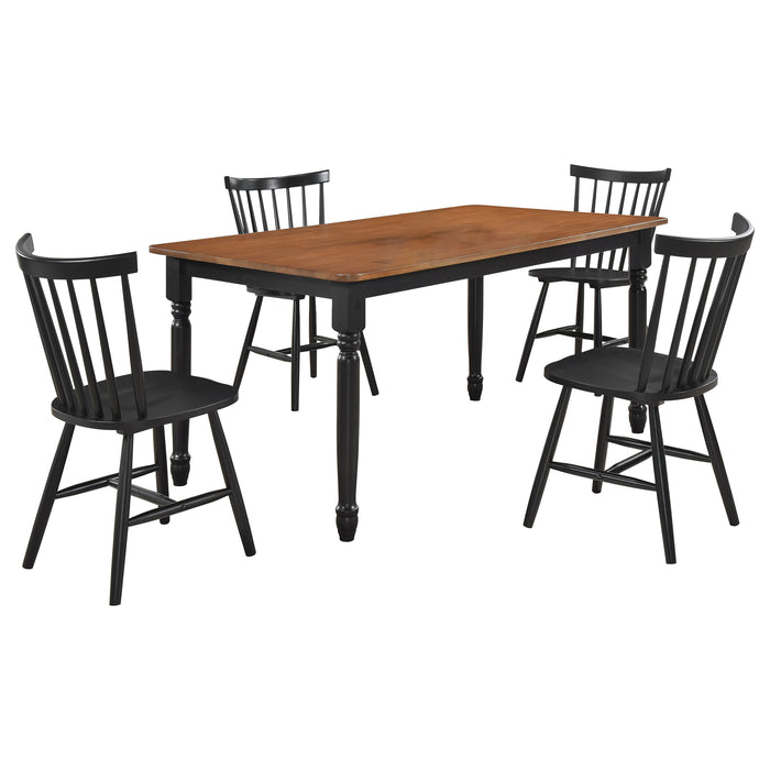 Hollyoak 5-piece rectangular dining set by CoasterEveryday with walnut finish and black metal legs, includes table and four chairs.