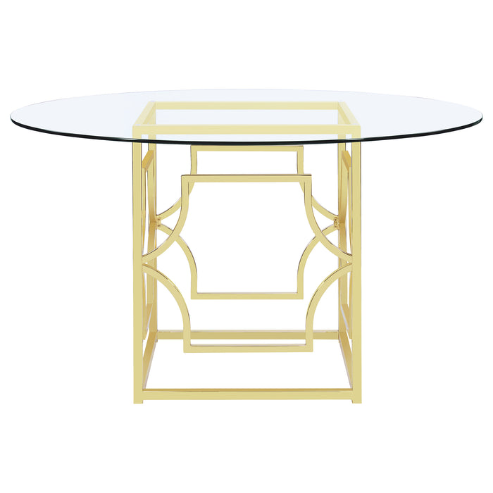 CoasterEveryday Starlight round 54-inch glass top metal dining table with brass finish, modern furniture for dining room.