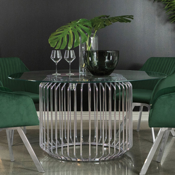 Round 60-inch glass top metal dining table with chrome finish, showcasing a modern furniture design by CoasterEveryday.