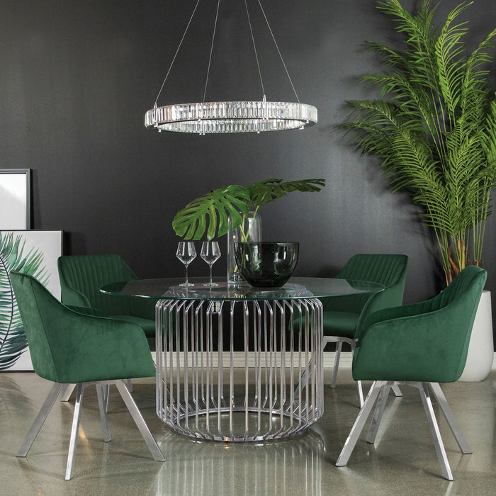 Round 60-inch glass top metal dining table with chrome finish, featuring a sleek and modern design suitable for dining rooms.