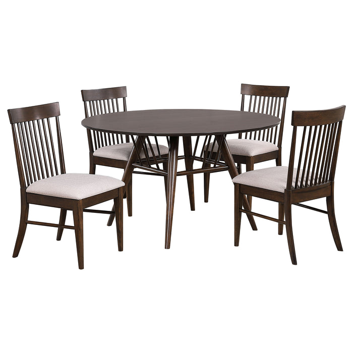 Everton 5-piece round dining table set by CoasterEveryday in dark walnut finish, featuring sleek wood table and matching chairs.