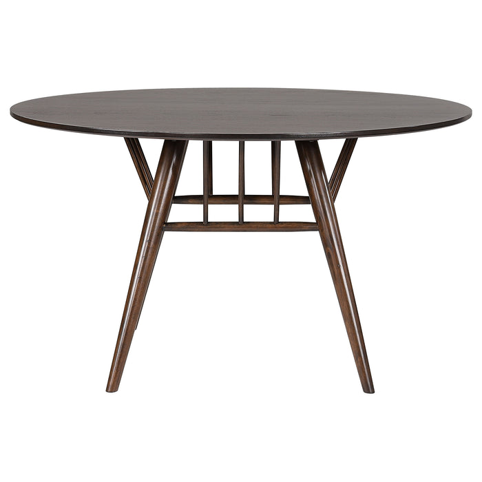 CoasterEveryday Everton 5-piece round dining table set with dark walnut finish, includes a 53-inch table and matching chairs.