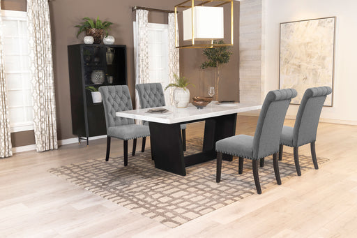CoasterEveryday Sherry 5-piece rectangular dining table set with grey marble top and matching chairs in a modern furniture style.