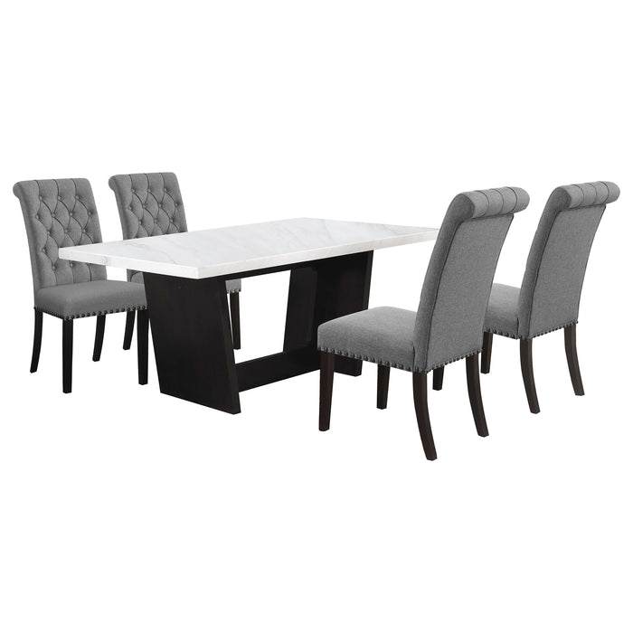 CoasterEveryday Sherry 5-piece rectangular dining table set with grey marble tops and matching chairs, modern furniture for dining room.