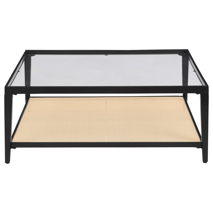 Black Amherst 2-piece coffee and end table set by CoasterEveryday, featuring modern furniture design with sleek, sturdy tables.