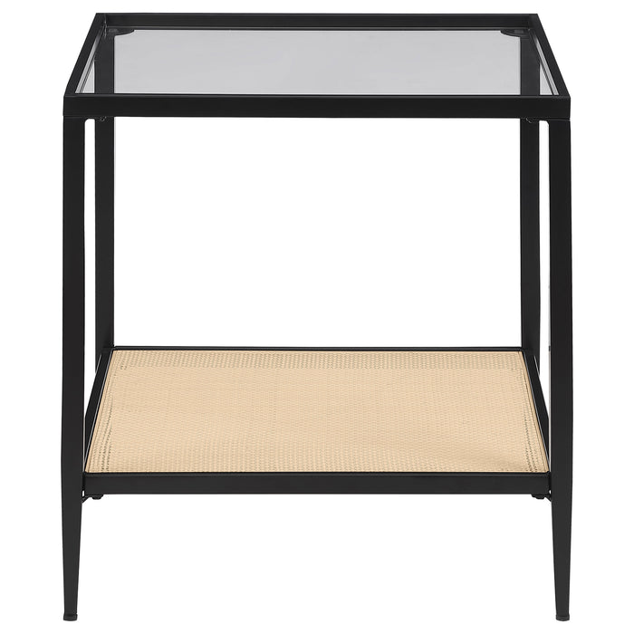 Black Amherst 2-piece coffee and end table set by CoasterEveryday, featuring modern furniture with sleek surfaces and sturdy legs.